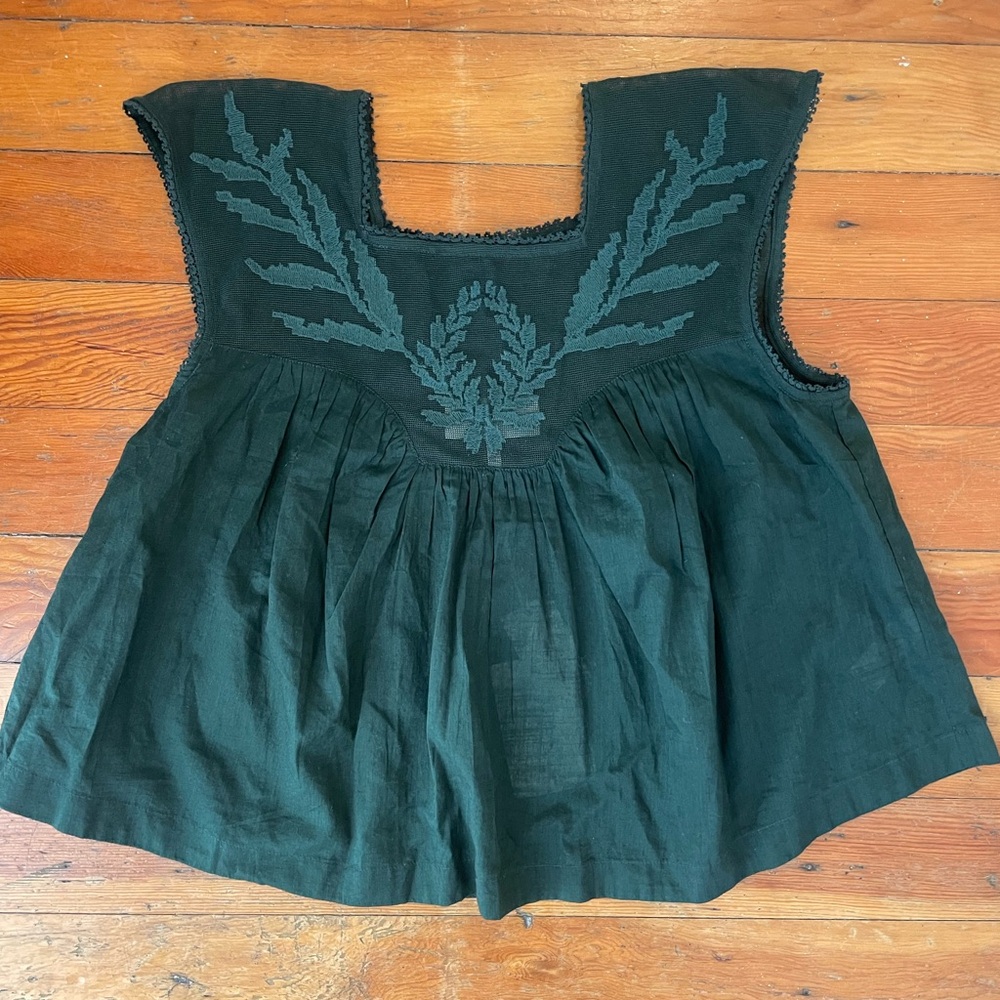 THE GREAT. Dark Green Embroidered Blouse